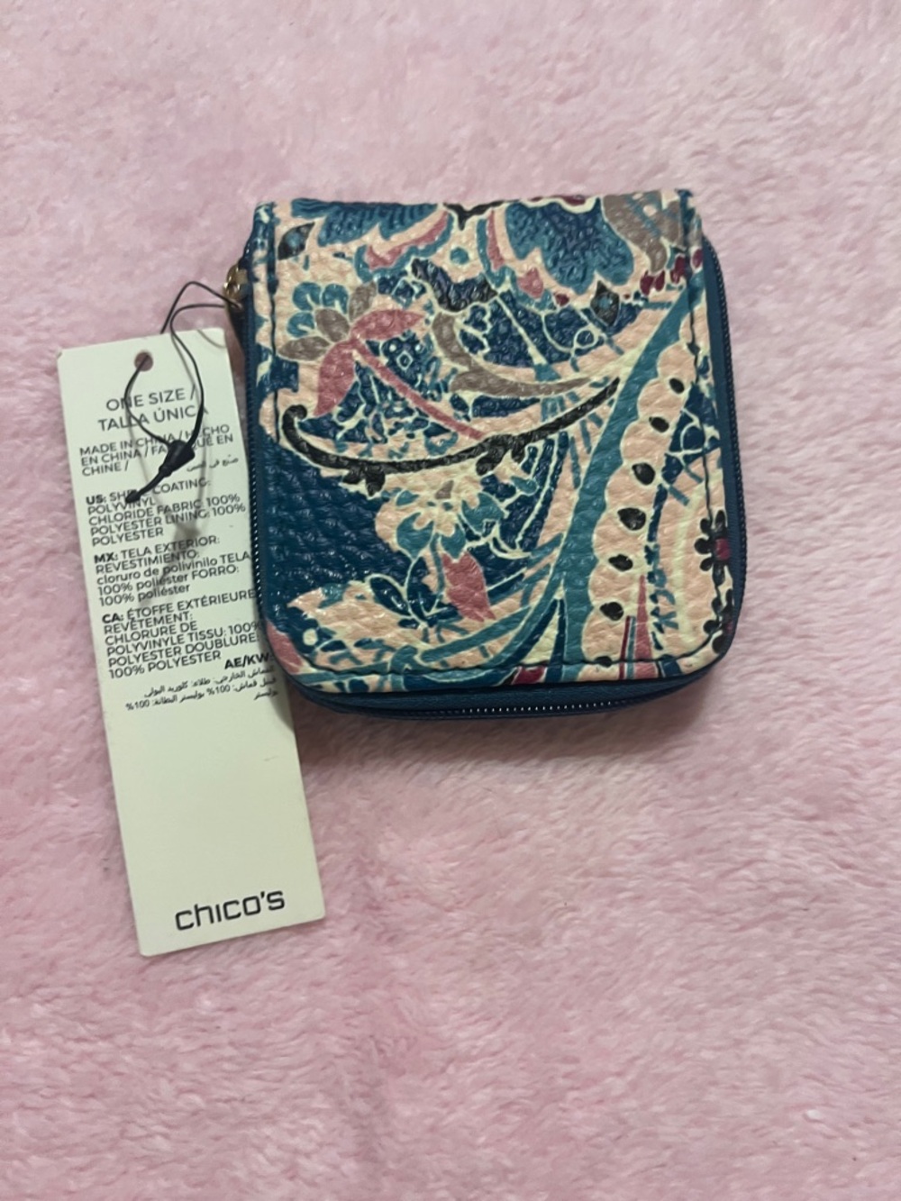 Chico's Teal and Cream Floral Zip-Around Contact Case